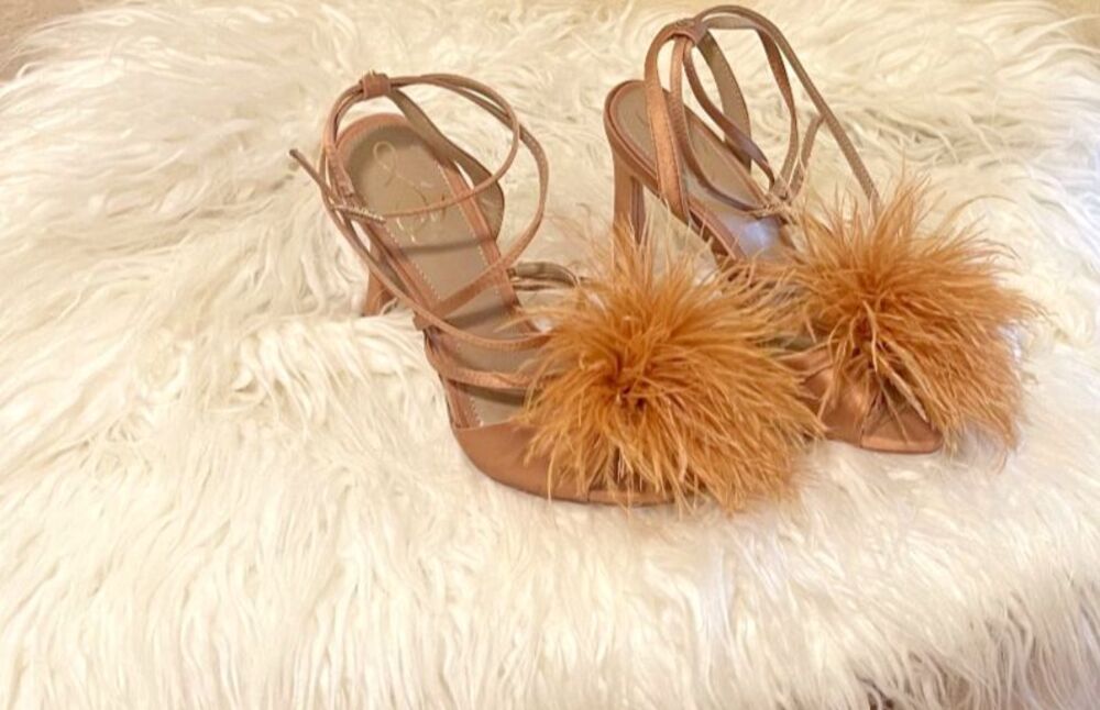 SAM EDEMAN Sz 6 Layton Heeled Sandal WOMEN'S SHOES-Blush Satin Feathers Pom-Pom